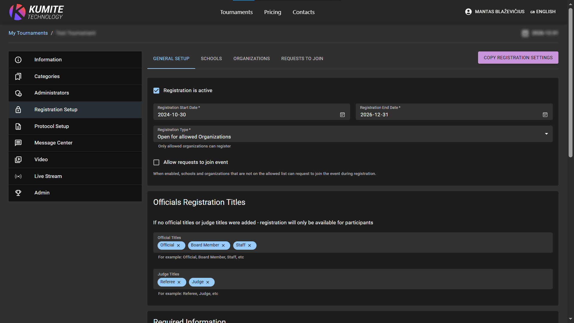 Registration Setup Form