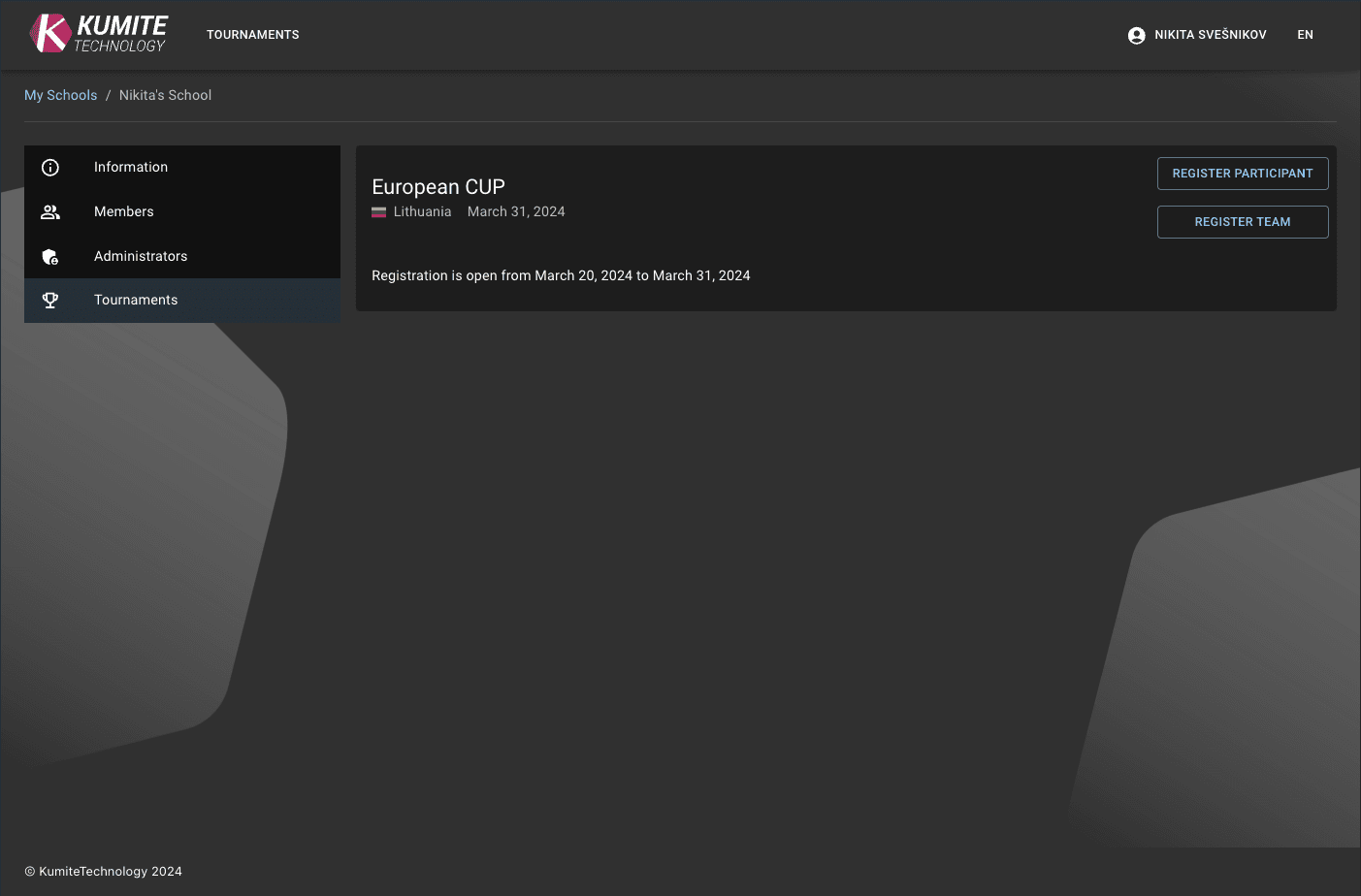Select Tournament and Register Participant